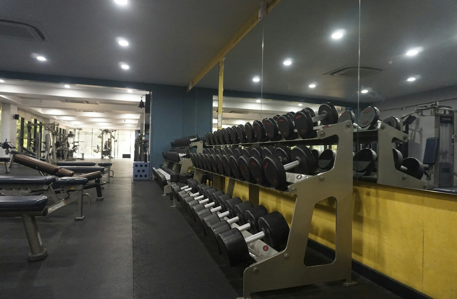 A mixed commercial gym floor where modern strength equipment shares space with cardio and open training area