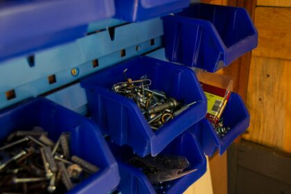 Fastener bin of the kind held in a gym equipment parts inventory