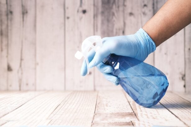 Spray bottle of the gym equipment cleaning chemicals used on club upholstery