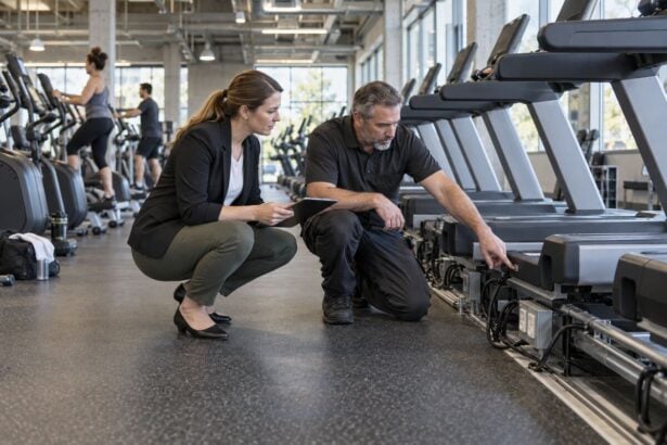 Facility director reviewing commercial cardio equipment power and maintenance requirements