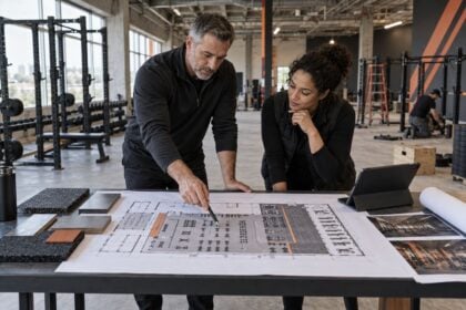 Commercial fitness equipment partner and gym owner reviewing a facility floor plan