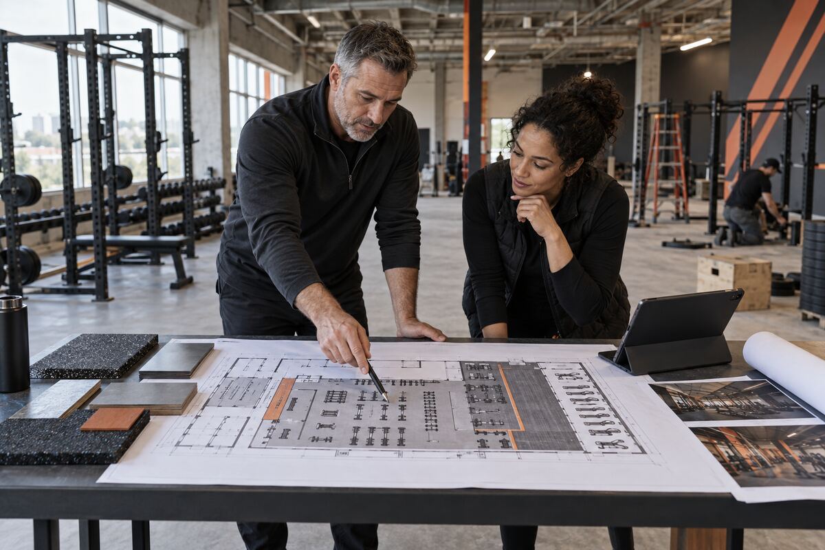 Commercial fitness equipment partner and gym owner reviewing a facility floor plan