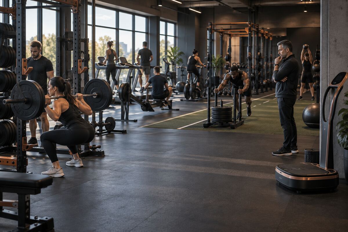Operator observing durable commercial fitness equipment trends on an active floor