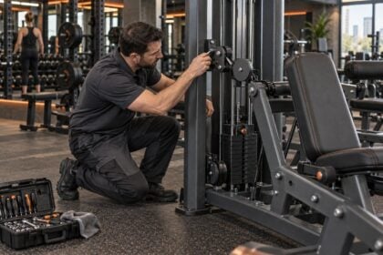 Technician inspecting commercial gym equipment durability and service points