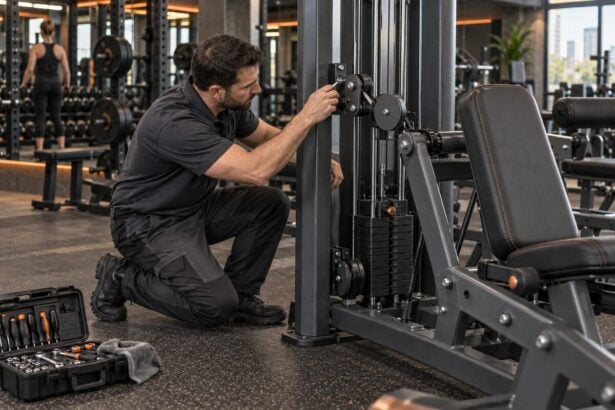Technician inspecting commercial gym equipment durability and service points
