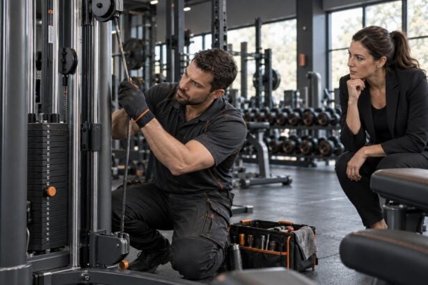 Technician checking warning signs during commercial gym equipment maintenance