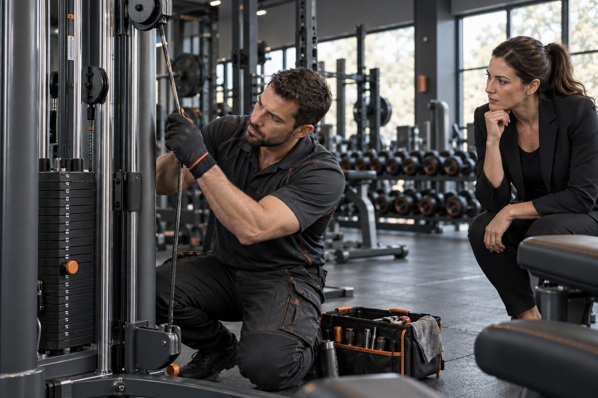 Technician checking warning signs during commercial gym equipment maintenance