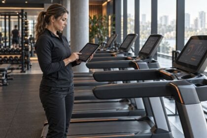 Gym operations manager reviewing data beside connected commercial cardio equipment