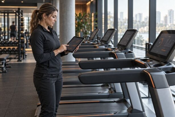 Gym operations manager reviewing data beside connected commercial cardio equipment