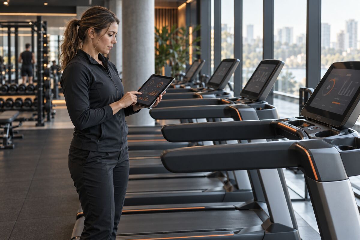 Gym operations manager reviewing data beside connected commercial cardio equipment