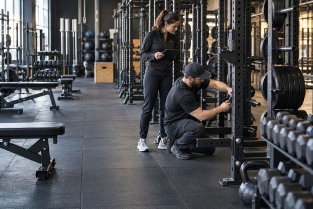 Operations team inspecting free weights and racks on a durable commercial gym floor