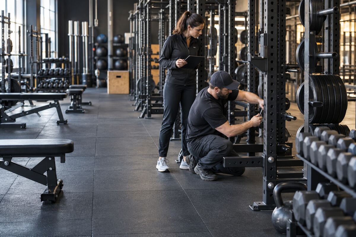 Operations team inspecting free weights and racks on a durable commercial gym floor