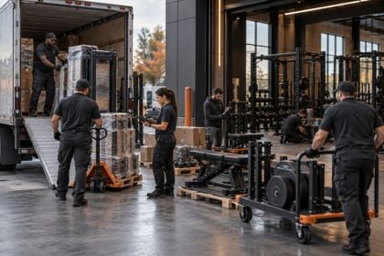 Distribution team receiving and staging fitness equipment after truck arrival