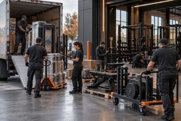 Distribution team receiving and staging fitness equipment after truck arrival