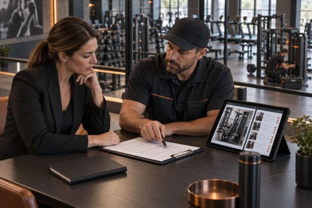 Gym executive and provider reviewing a fitness equipment service agreement