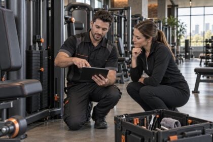 Fitness equipment service technician reviewing maintenance work with a gym manager