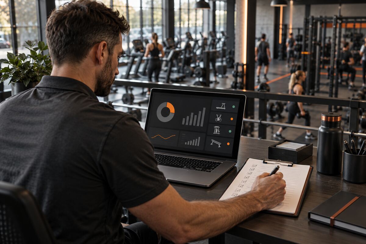 Operator comparing fitness equipment technology data with a maintenance workflow