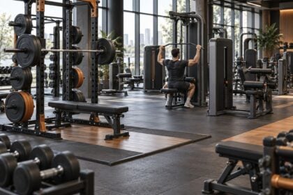 Balanced commercial gym strength floor combining free weights and selectorized machines