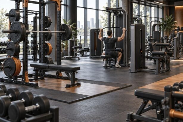 Balanced commercial gym strength floor combining free weights and selectorized machines