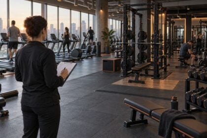 Gym manager observing floor activity for gym equipment demand signals