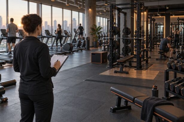 Gym manager observing floor activity for gym equipment demand signals