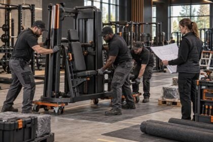 Gym equipment installation team coordinating placement before opening day