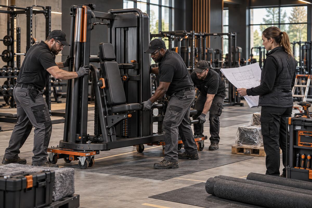 Gym equipment installation team coordinating placement before opening day