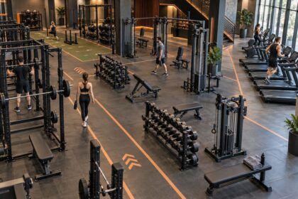 Commercial gym equipment layout with clear circulation and training zones