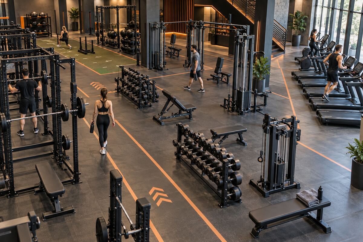 Commercial gym equipment layout with clear circulation and training zones