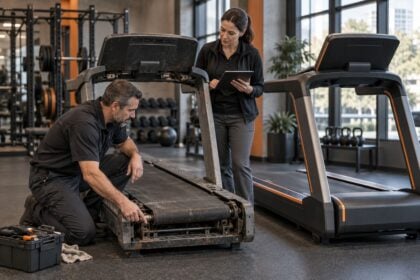 Manager and technician deciding whether to repair or replace aging gym equipment