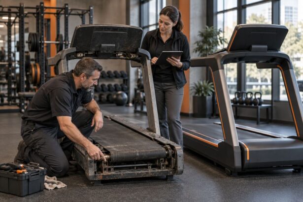 Manager and technician deciding whether to repair or replace aging gym equipment