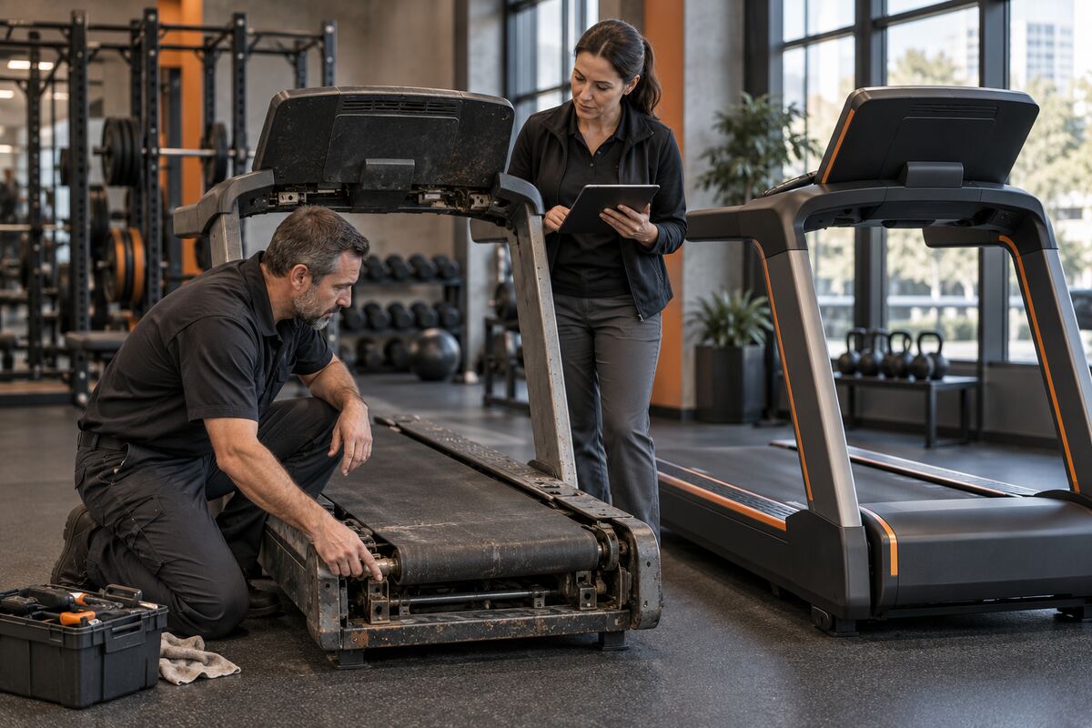 Manager and technician deciding whether to repair or replace aging gym equipment