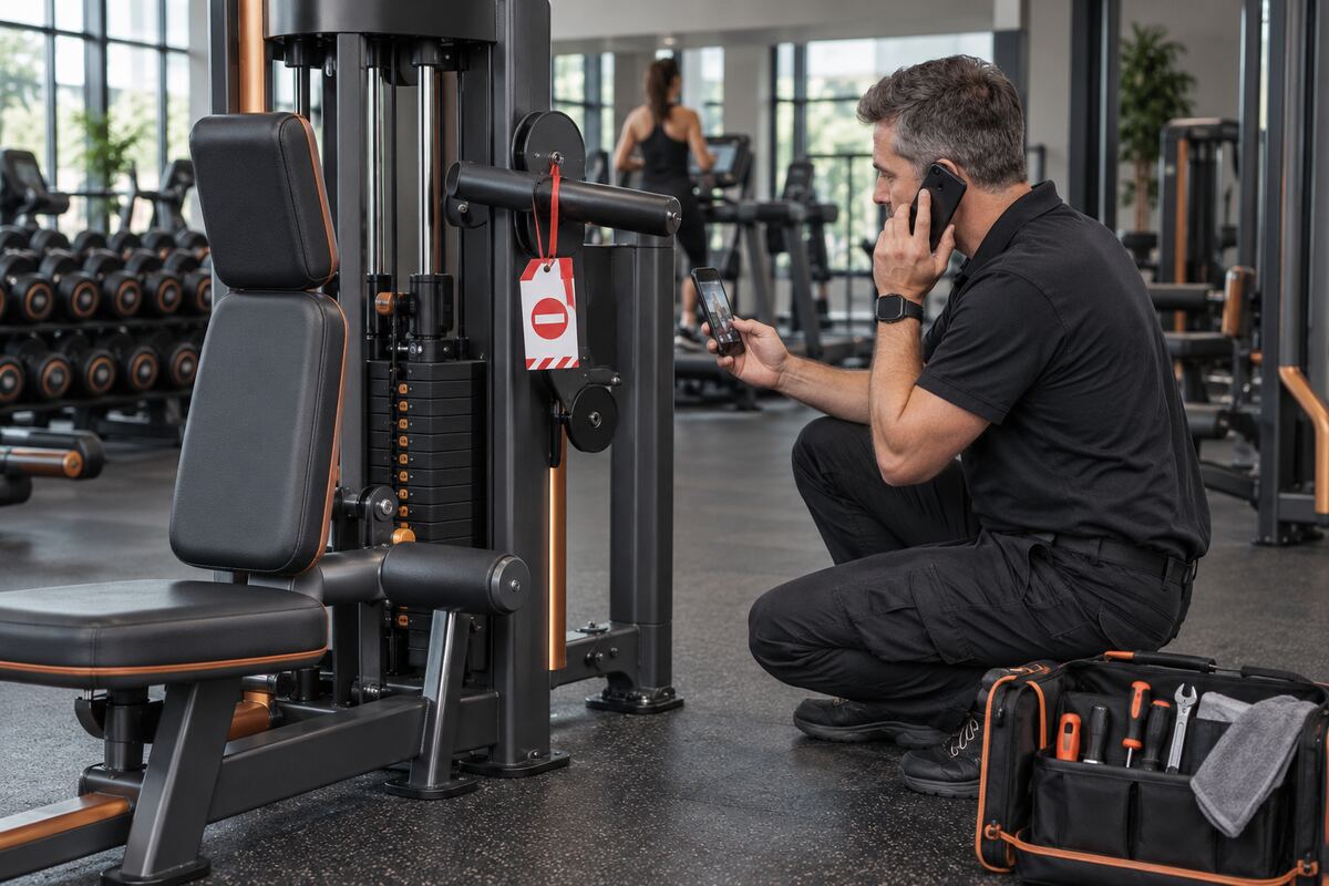 Manager documenting a fault while contacting gym equipment support