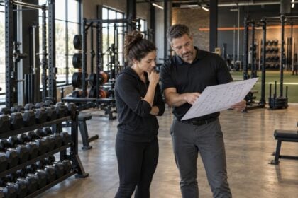 Independent gym owner reviewing an equipment floor plan with a commercial fitness consultant