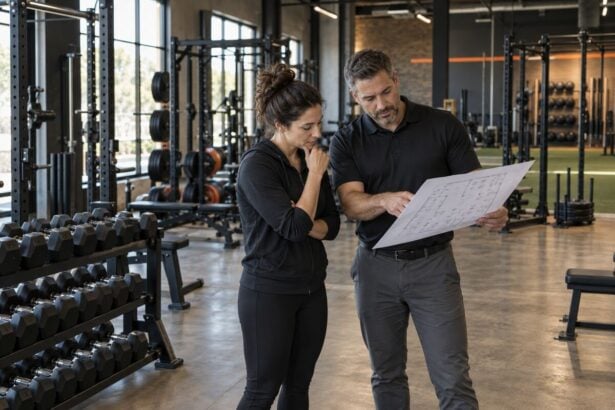 Independent gym owner reviewing an equipment floor plan with a commercial fitness consultant
