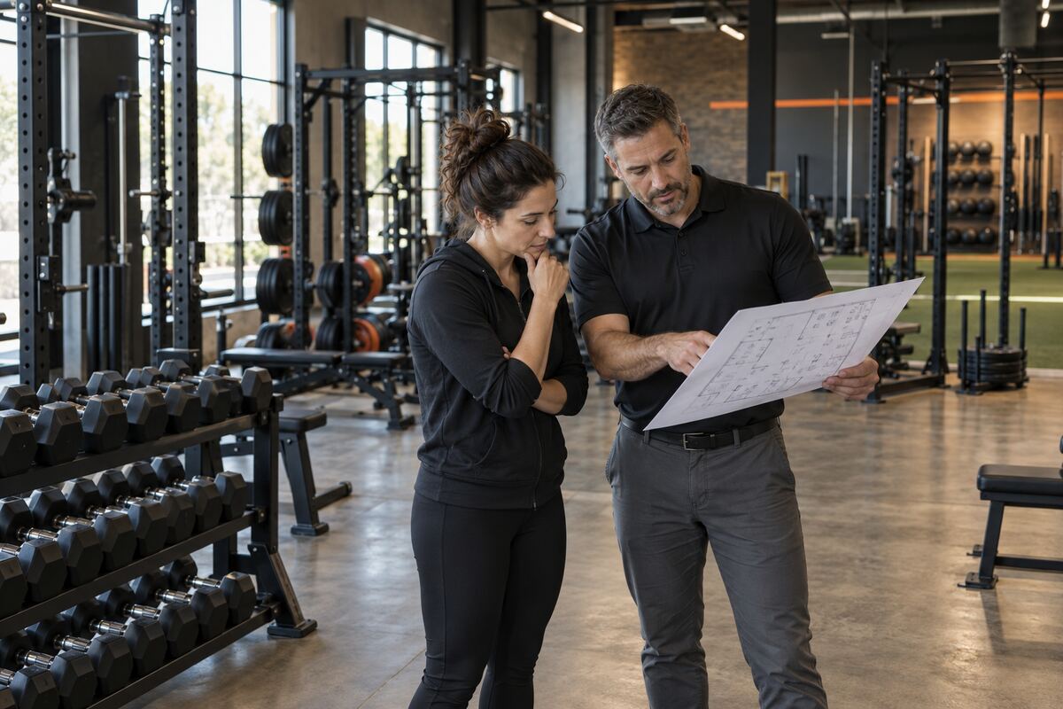 Independent gym owner reviewing an equipment floor plan with a commercial fitness consultant
