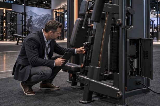 Buyer inspecting service and usability details after a fitness equipment launch