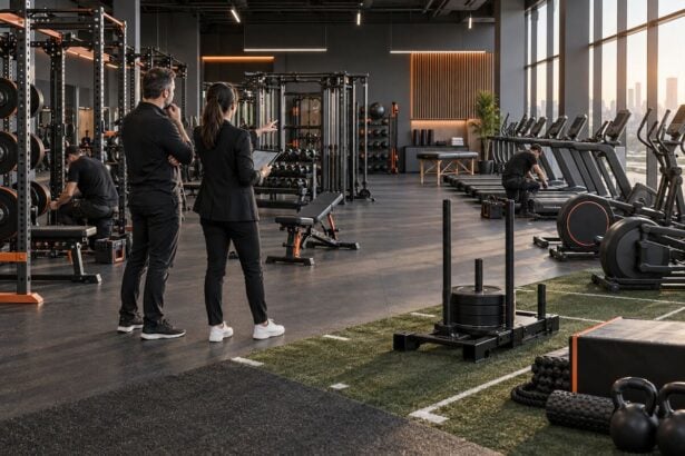Operators reviewing equipment choices in a newly opening commercial gym