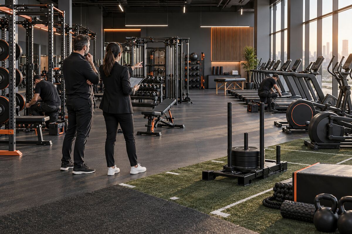 Operators reviewing equipment choices in a newly opening commercial gym
