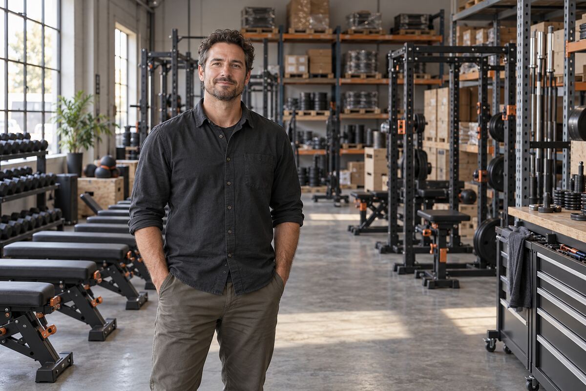 Founder preparing to start a fitness equipment business in a small warehouse showroom