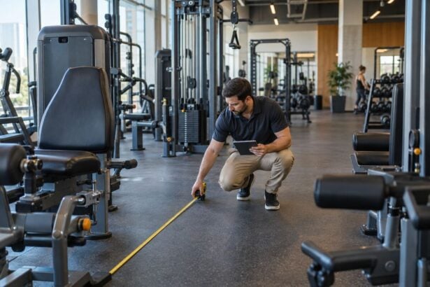 Strength equipment for gyms being measured for safe and efficient floor placement