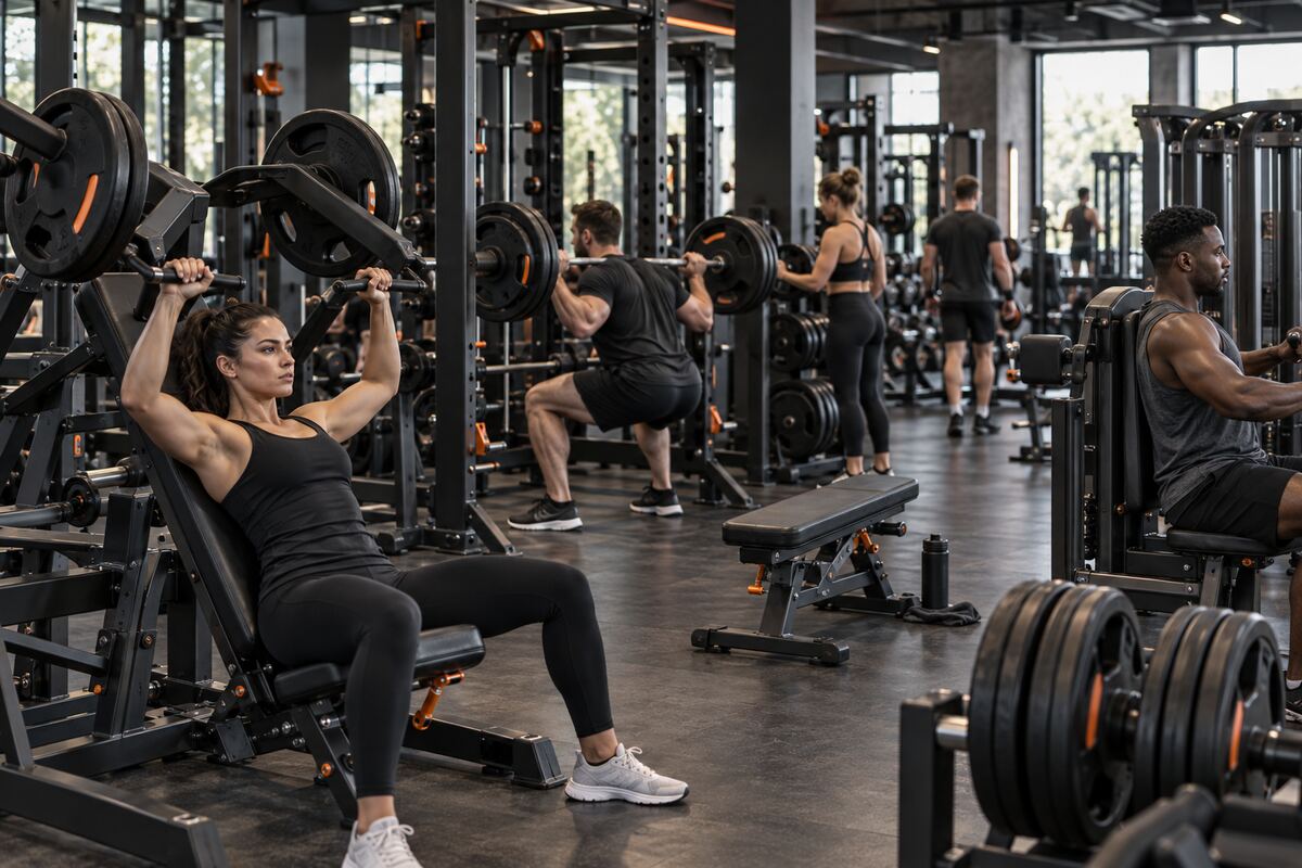 Members using plate-loaded machines in a busy commercial strength area